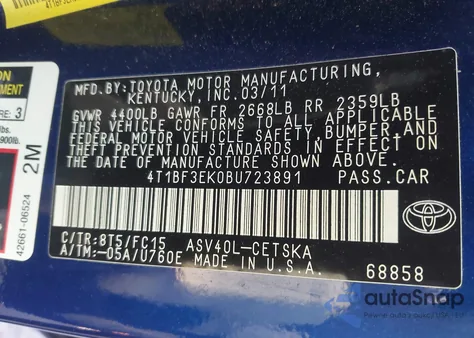 2011 Toyota Camry Se из США, поврежденный, VIN 4T1BF3EK0BU723891